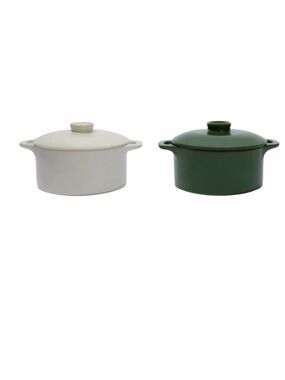 Mini Round Ceramic Cocotte Set Of Two: Green And White New In Box